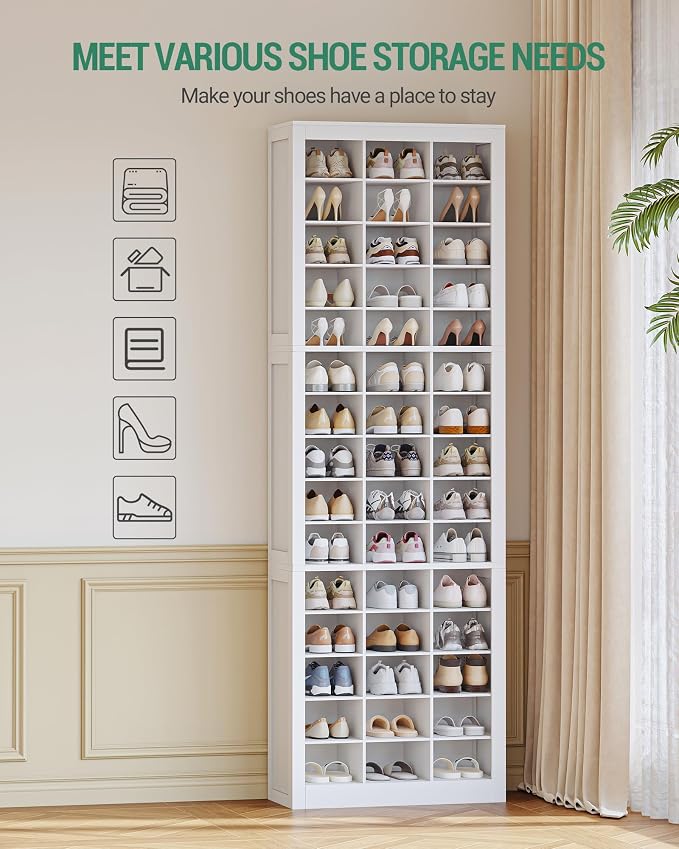 Hzuaneri Shoe Storage Cabinet, 45 Pairs Free Standing Closet Organizer, 9 inch Widened Cell Wood Shoe Organizer, 15 Tiers Vertical Space Saving Shoe Rack for Entryway, Cloakroom, White SR30703X