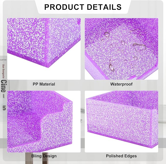 Rouidr Acrylic Sticky Note Holder, Self Stick Note Pad Holder, Purple | 3.94 x 3.94 Inch Glitter Memo Pad Dispenser Organizer for School Office Home Desk Supplies