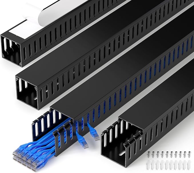 2" H x 2" W Cable Raceway, 66in Under Desk Wire Management Channel, Black | Slotted Wire Duct, 4Pack, 16.5in Each, Heavy-Duty PVC Cable Management for Server Racks, Network Cables & Electrical Cabinets