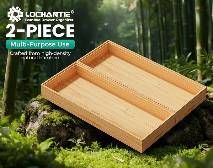 Bamboo Kitchen Drawer Organizer Boxes 14" x 5" Stackable Pantry Organizers | Set of 2 Wood Silverware Utensil Tray Drawers Bins Cutlery & Flatware Storage – Wooden Tray for Junk Drawer Bathroom Rv