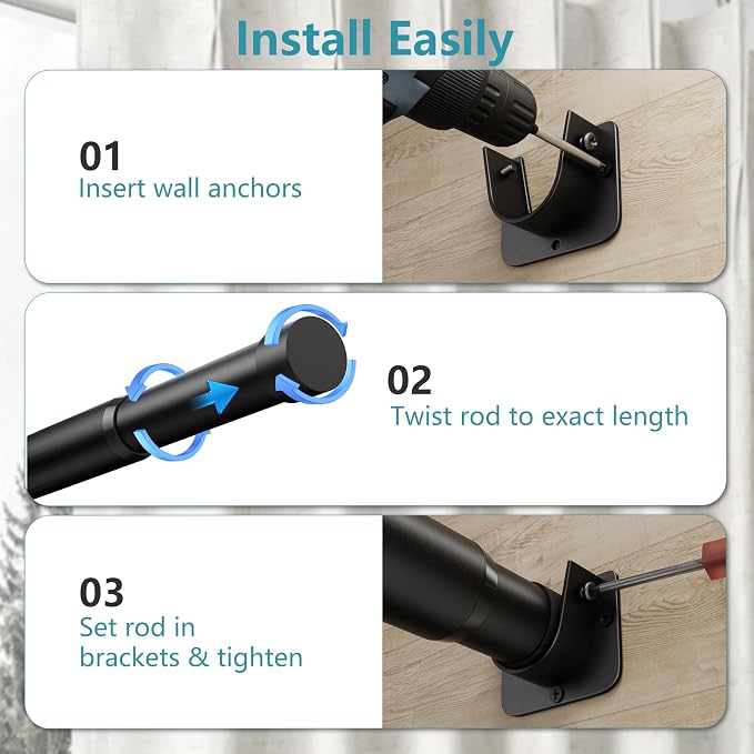 STARLATTA Heavy Duty Black Closet Rod: 17-84 Inch Stepless Adjustable Clothes Hanging Bar, 1.3" Diameter Metal Wardrobe Pole with Brackets, No-Cut, for Laundry & RV