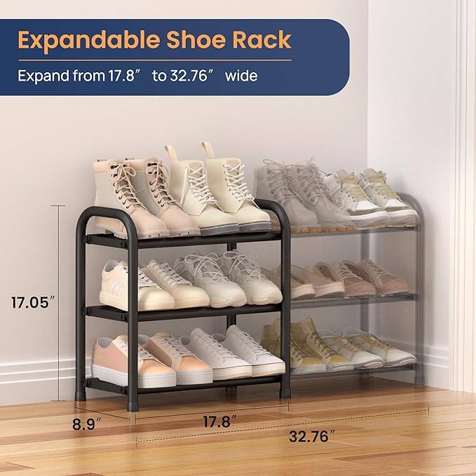 ENJOYBASICS 3 Tier Expandable Shoe Rack for Closet, Free Standing Metal Shoe Shelf Storage Organizer Holder 12 Pairs, Adjustable Width Shoe Rack for Entryway Small Space, Black