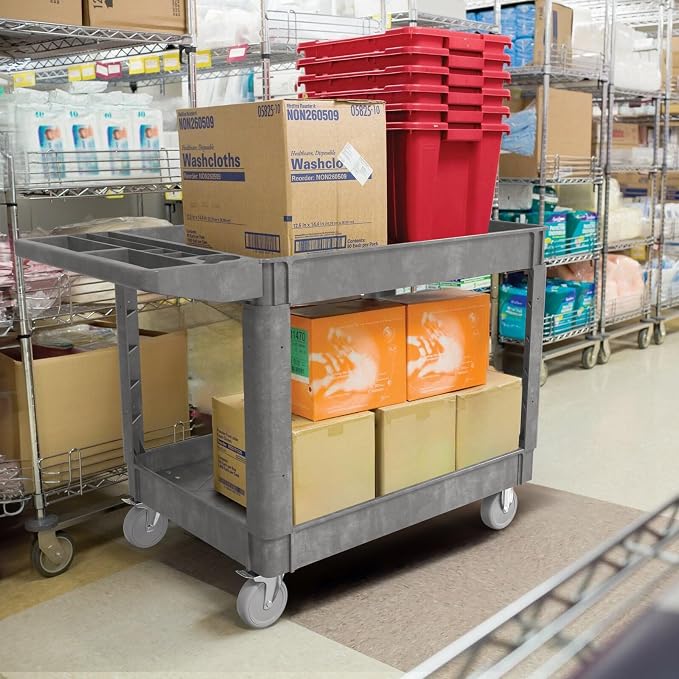 Plastic Utility Cart on Wheels, 45 x 25 Inch Rolling Service Cart-Gray | 2 Shelf Work Carts, 500 lbs Capacity Heavy Duty Tool Cart W/Tub Storage & Deep Shelve, for Warehouse, Garage, Cleaning