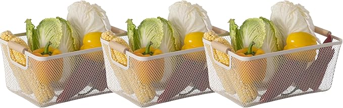 Basicwise Set of 3 Large Multipurpose Metal Mesh Basket with Wooden Handle Storage Organizers for Kitchen Bathroom Cabinet Closet Countertop Fruit Holder Picnic Food & Beverages Carrier & Home Decor