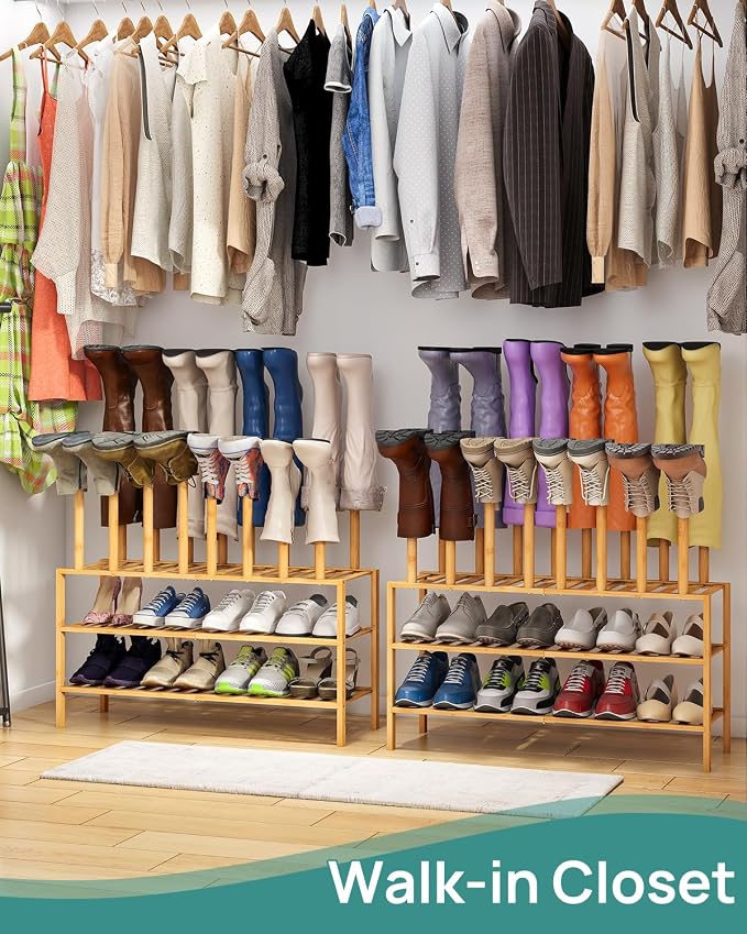 viewcare Boot Rack with Shoe Rack, Long Boot Rack Organizer Tall Boots for Closet, Bamboo Wood Shoe Shelf Storage Organizer for Entryway Small Space