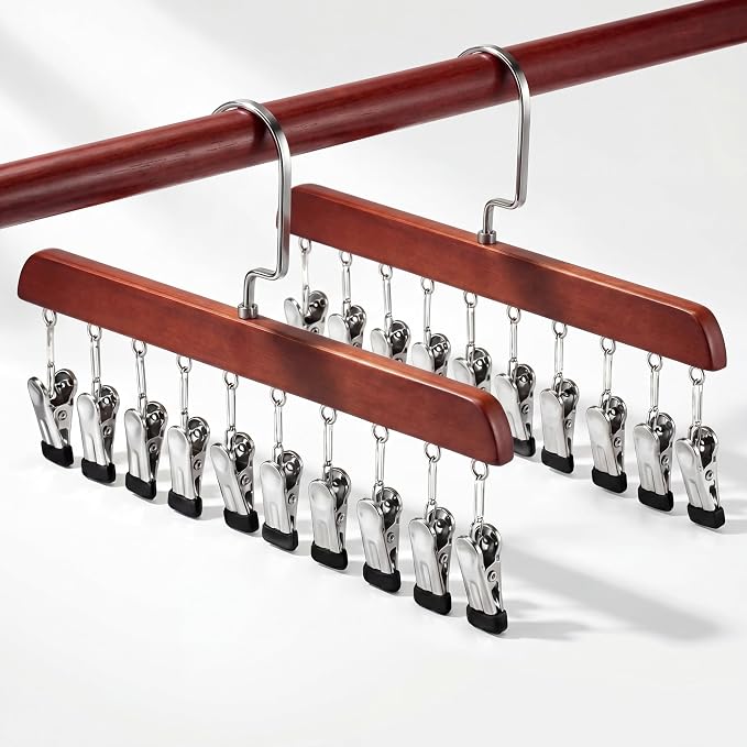 Novabright 2 Pcs Closet Organizer with 10 Clips Wooden Hat Rack for Closet, Space-Saving Hanging Organizer, Multipurpose Storage Display Accessory for Beanies, Ties, and Socks (Brown)