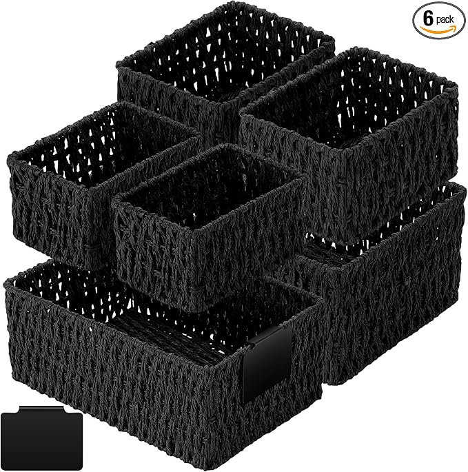 Marsui 6 Pcs Wicker Storage Baskets for Pantry Organization with Labels Handwoven Paper Rope Multi-size Black Wicker Storage Bins for Organizing Small Baskets Container for Shelves Closet Toilet