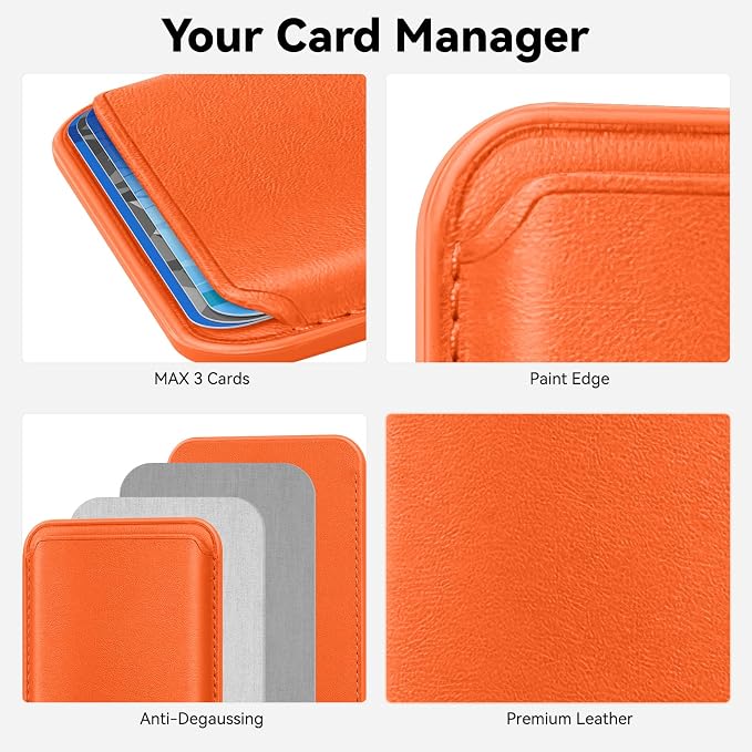 Stronger Magnetic RFID Leather Mag-Safe Card Holder for iPhone 15 Series, Mag-Safe Accessories Stick on Series of iPhone 17/16/15/14/13/12 and Pro/Promax, Orange
