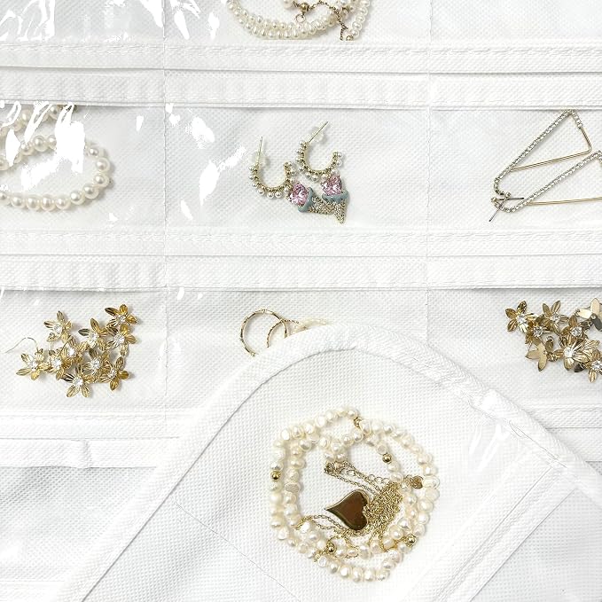 Hanging Jewelry Organizer 80-Pocket Double-Sided Storage, 1-Pack, White | Foldable clear PVC 80-pocket storage; swivel hook fits walls, doors & rods to organize earrings, necklaces, bracelets & rings