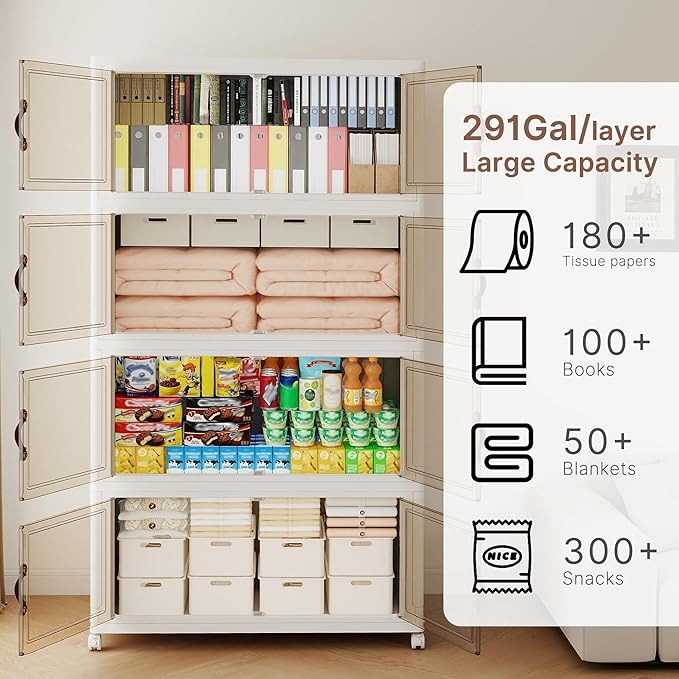 1164QT Extra Large Stackable Storage Bins with Lids & Wheels & Door, 291Gal Foldable Collapsible Closet Organizers, Plastic containers drawers for bedroom Dorm