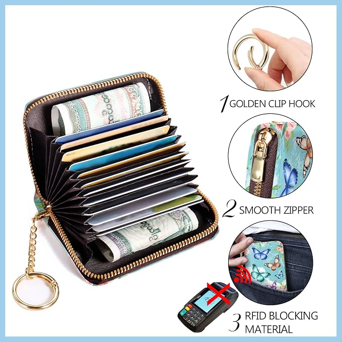 Blusabaca Women Credit Card Holder, Small RFID Wallet with Wristlet Strap | Removable Keychain, Case with Zipper, Vegan PU Leather, Cash Coin Pocket, Business Accordion Purse, Ladies Female Gift