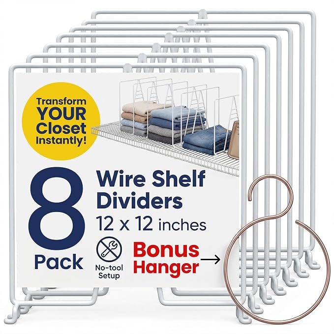 White Wire Shelf Dividers for Closet Organization – 12-Pack - Sturdy and Easy Set-Up Closet Shelf Dividers with Bonus Rose Gold Hanger - 12 inches x 12 inches