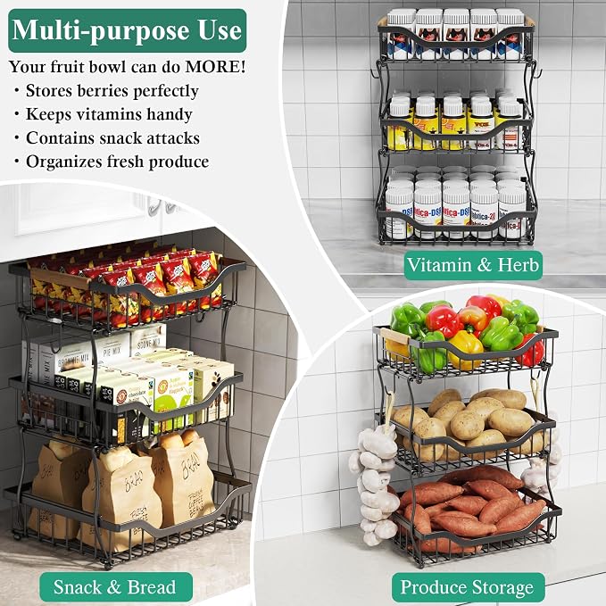 OKZEST 3-Tier Fruit Basket Fits Under Standard Upper Cabinet, 17.2" Tall | 2-In-1 Wall Mount & Countertop. Stackable Kitchen Organizer with Banana Hanger, Hold Potato, Onion, Bread, Snack, Can, Veggie