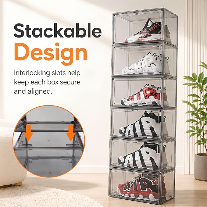 MMBABY 12 Pack Acrylic Shoe Boxes– Ultra Clear Plastic Stackable Sneaker Storage For Sneakerhead. Professional Grade Shoe Display Case with Magnetic Door.Fits US Size 15 (Grey-Side Open)