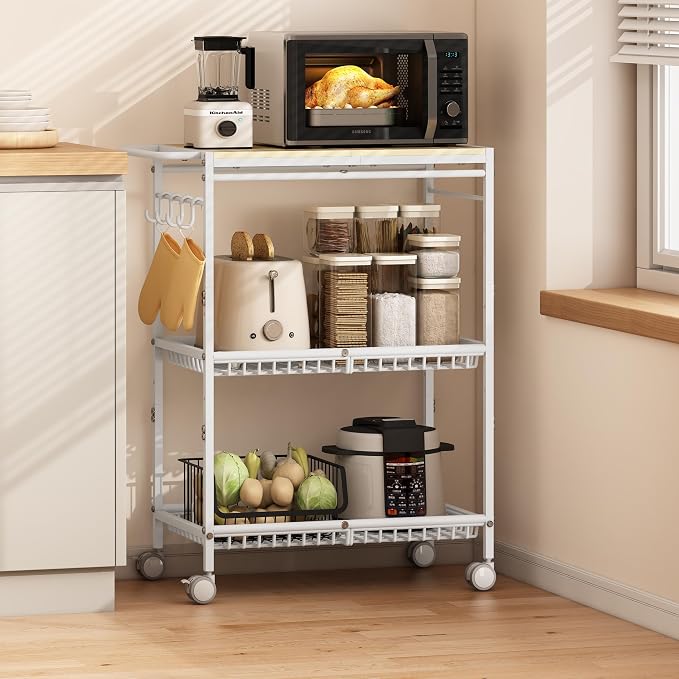 Microwave Kitchen Cart, White Kitchen Shelf with Push Handle, 3 Tier Rolling Microwave Table Stand with 2 Lockable Wheels for Bakers Rack, Kitchen Island, Small Coffee Station