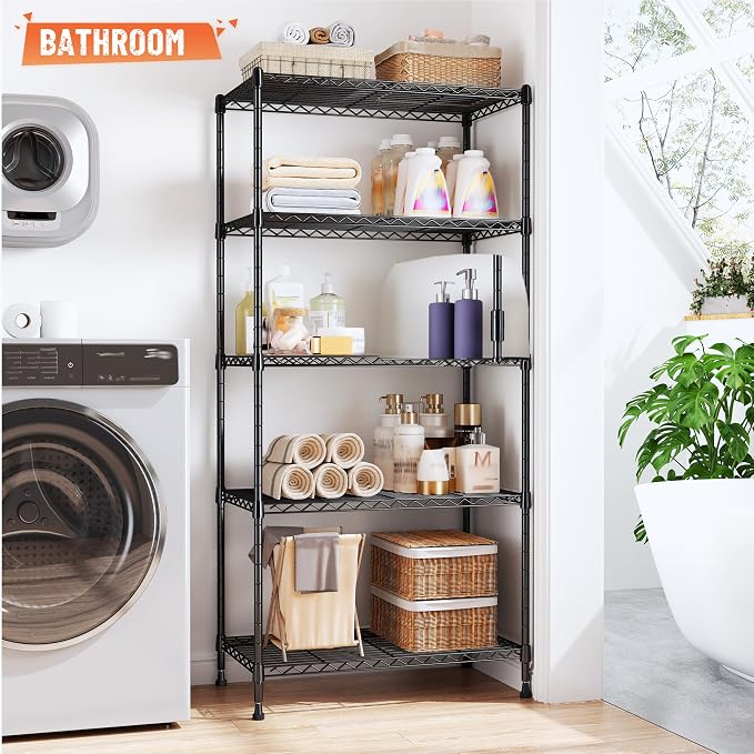 Romorgniz 5-Tier Shelf 1010LBS Storage Shelves Adjustable Wire Shelving,Tool-Free Assembly,Metal Shelving Unit for Kitchen Pantry Closet Laundry Bathroom 59" Hx21.7 Wx13.8 D,Black,2P