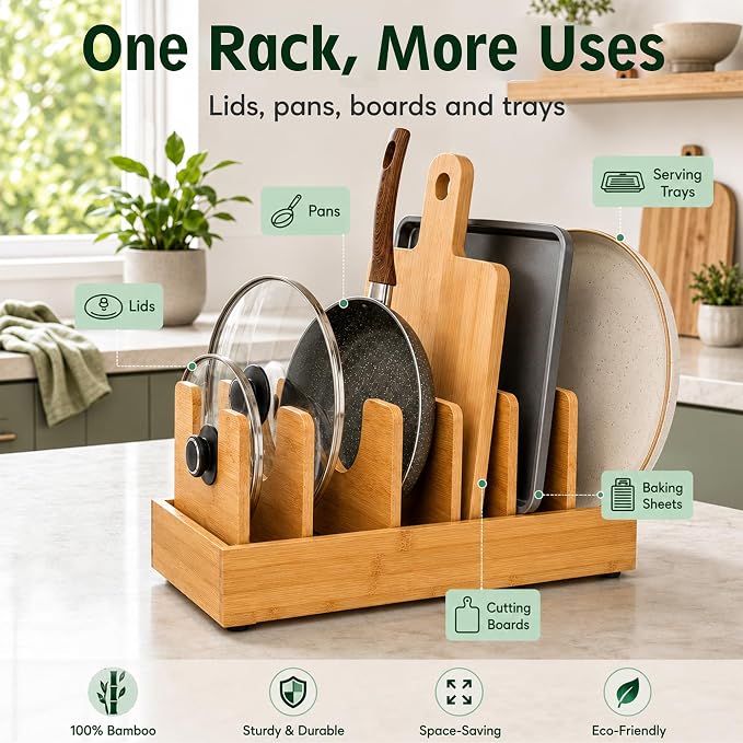 Pull Out Pots and Pans Organizer, Bamboo Cabinet Storage Rack | Pots and Pans Organizer Under Cabinet, Bamboo Sliding Rack with Adjustable Dividers for Lids, Bakeware, Cutting Boards