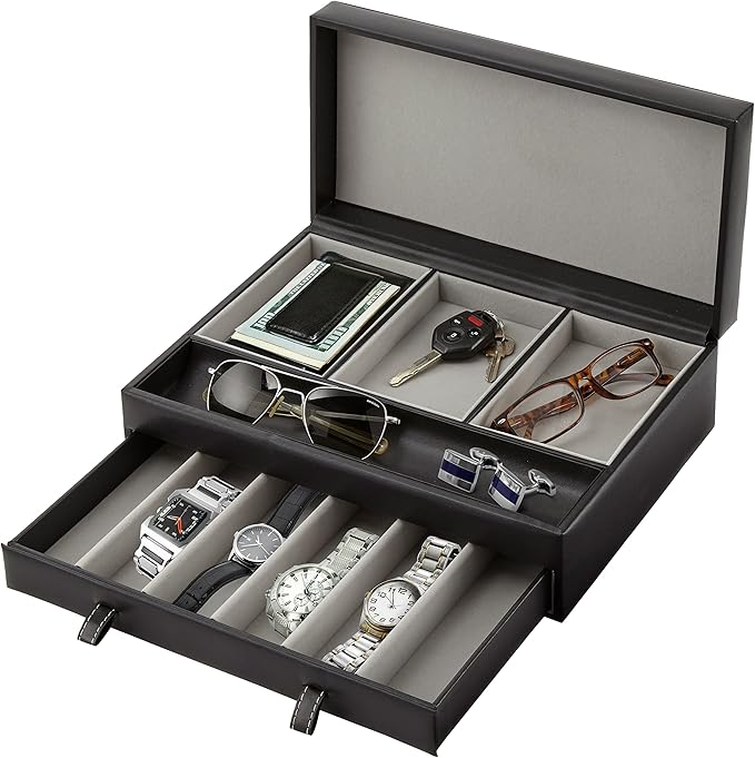 Stock Your Home Mens Valet Tray, Men's Jewelry Box, Night Stand Organizers and Storage, Bedside Table Organizer, Watch Box for Dresser, Faux Leather (Black & Gray)