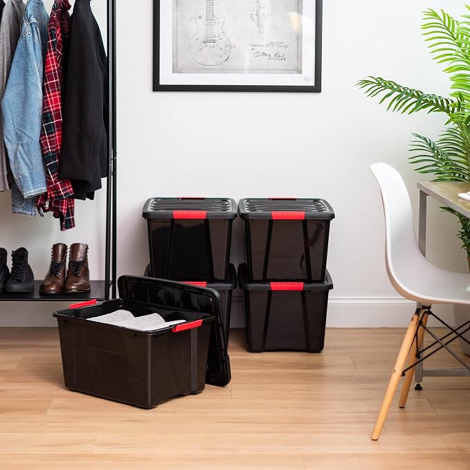 IRIS USA 40 Qt Stackable Plastic Storage Bins with Lids, 4 Pack - BPA-Free, Made in USA - Garage Organizing Solution, Latches, Durable Nestable Containers, Secure Pull Handle - Black