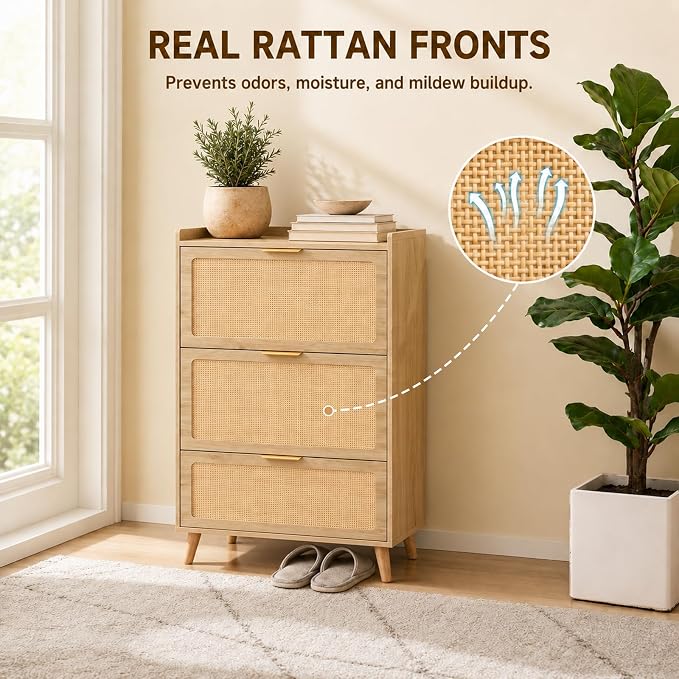 Shoe Storage Cabinet for Entryway, Slim Freestanding Rattan Shoe Cabinet with 3 Flip Drawers, Hidden Shoe Organizer Cabinet, Narrow Shoe Rack, Farmhouse Design