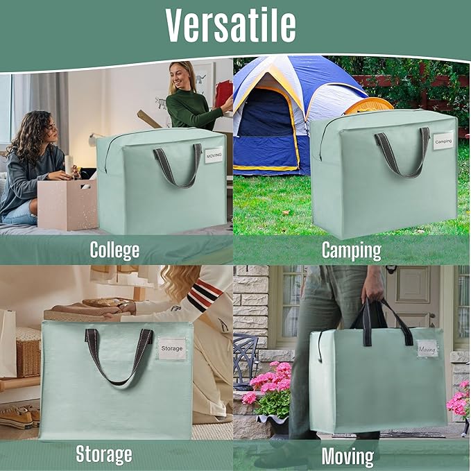 VENO 4 Pack Heavy Duty Moving Bags, Storage Bags, Packing Supplies, Top Zipper, Storage Totes for Camping, Clothes, Bedding, Comforters, Pillows (13 Gallon Light Green, 4 Pack)