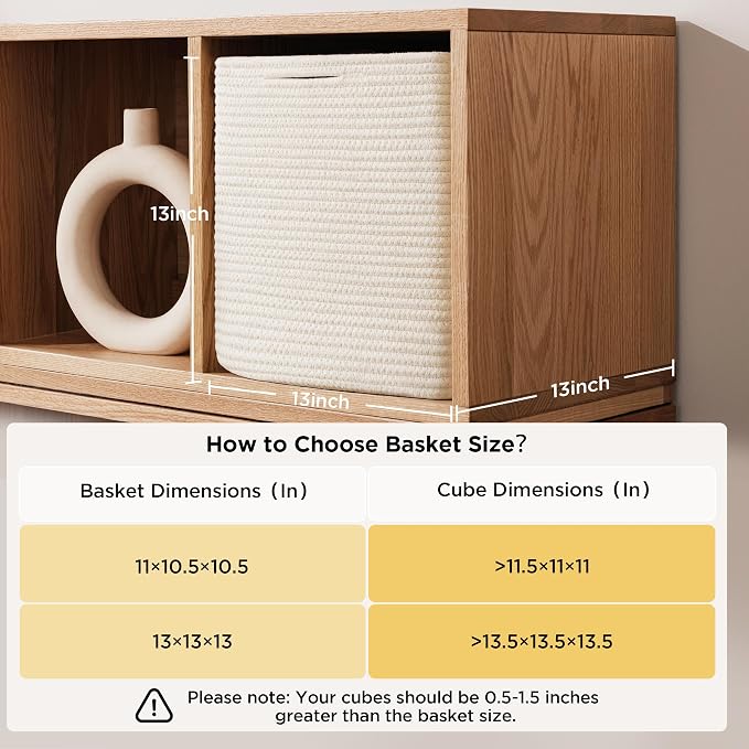 joybest 13inch Cube Storage Bins, Cotton Rope Woven Organizer Basket | Set of 4 Cube Bin Square Shelves Organizer Closet Storage, Nursery, Toy Organization, Brown