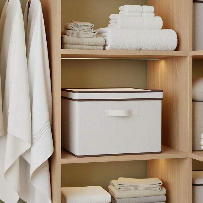 Household Essentials Square Storage Box with Lid in Breathable Canvas Sides with Sturdy Base and Convenient Handle, Natural with Brown Trim