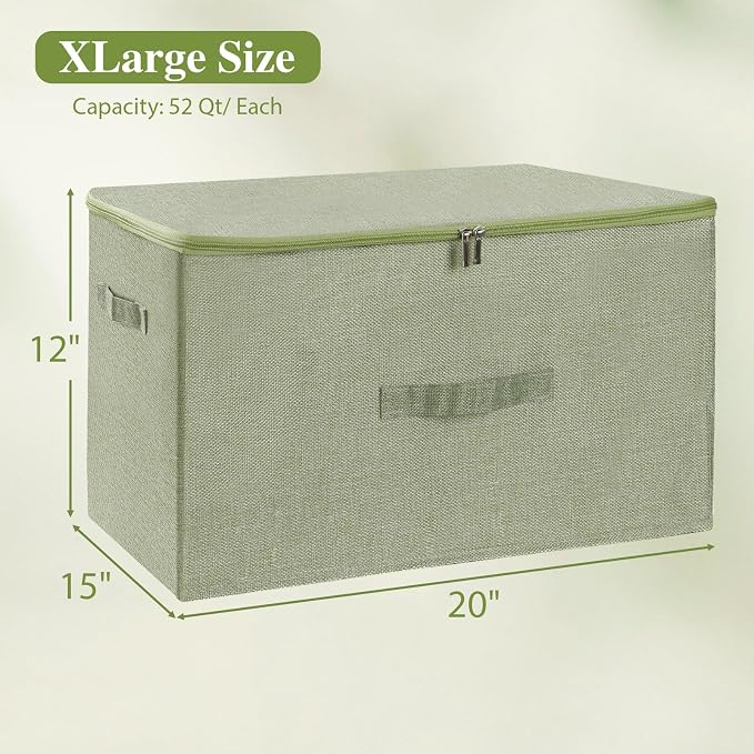 ANMINY 3PCS Storage Bins with Zipper Lids 51.9 Qt Lidded Fabric Storage Boxes Baskets Cubes with Handles Collapsible Washable Cotton Linen Closet Shelf Clothes Organizer - Green, Extra Large