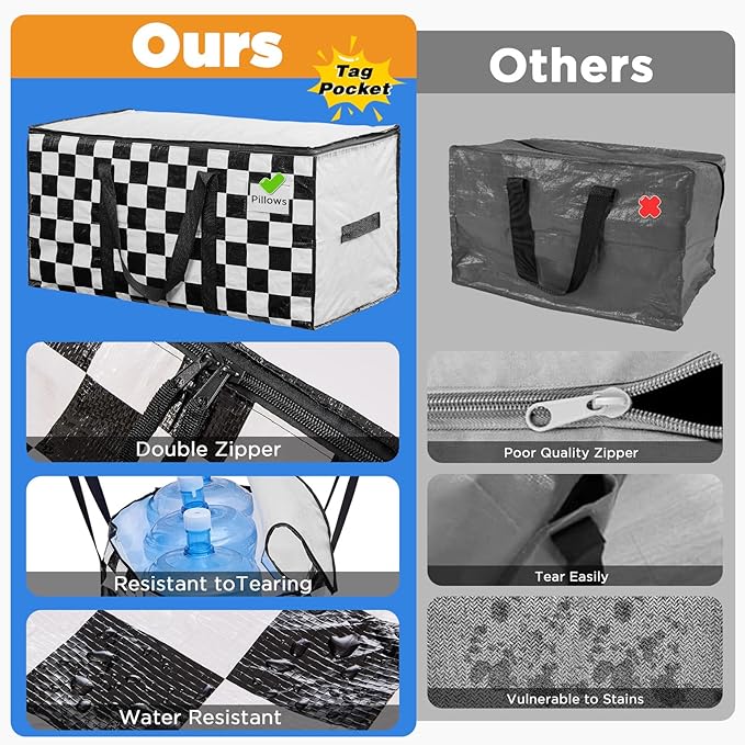 Extra Large Moving Bags Heavy Duty Storage Bags with Zipper Handles, BETU 16 Pack Clothes Storage Totes Bins Packing Moving Boxes, Moving Supplies for College Dorm Essentials, Space Saving,White Plaid