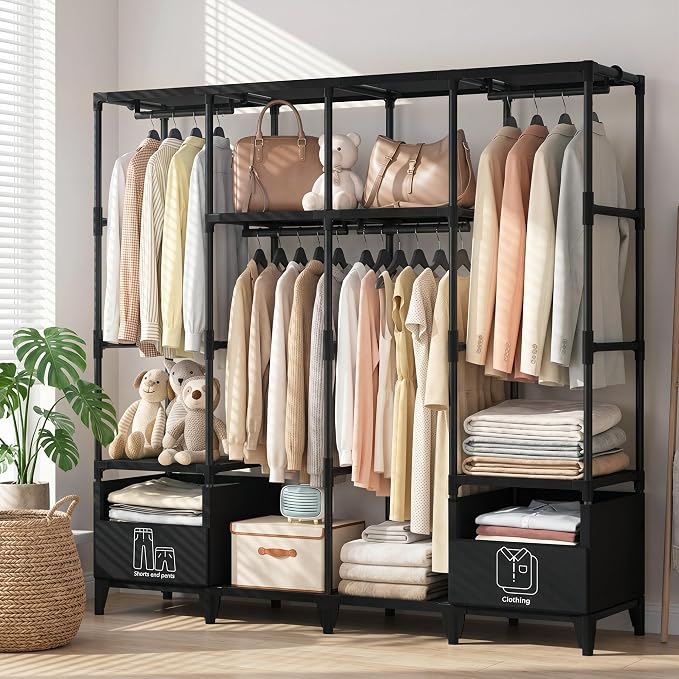 LOKEME Portable Closet,Sturdy Stable Large Capacity Wardrobe Closet,Clothes Rack with Shelves,2 Folding Areas,6 Storage Areas,4 Hanging Areas,Suitable for Bedrooms and Dormitory,66.5in Black