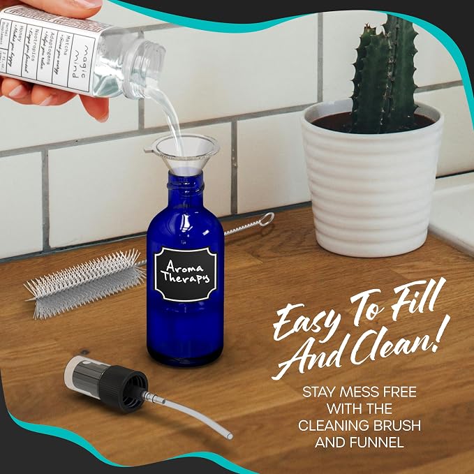 Nevlers Blue Glass Spray Bottles 4 Oz 24 Pack Practical 4 Oz Bottles | Mini Spray Bottle Small Set with Labels, Marker, Funnel, Brush & Wrap | Blue Bottle For Face & Hair Products, Essential Oils