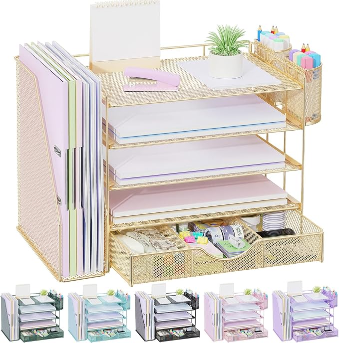gianotter 5-Tier Desk Organizer with Drawers, File Holders, Letter Trays and Pen Holders - Workspace Accessories for Office Supplies (Gold)