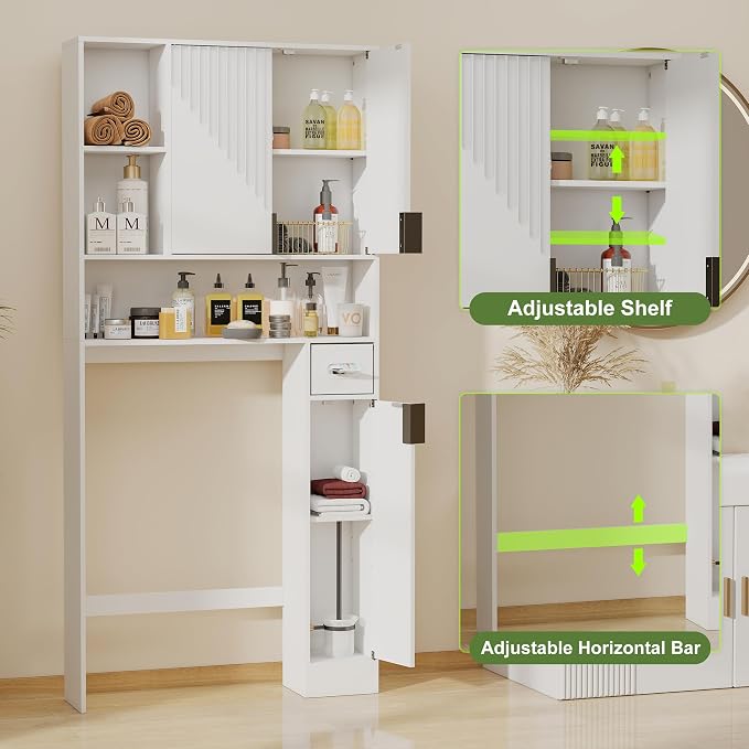 GOODONE White Over The Toilet Storage Cabinet - with 3 Doors and Toilet Paper Holder Stand, FreeStanding, for Bathroom, Restroom, Laundry