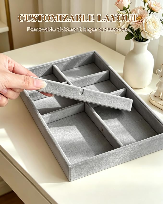 Velvet Jewelry Drawer Organizer Tray Set, 4-Layer Stackable Storage with Removable Dividers for Earrings Rings Necklaces Bracelets (Grey, 4 Layers)