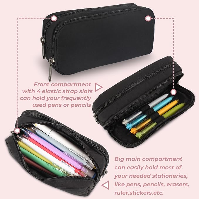 Della Gao Large Pencil Case, Big Capacity Pencil Pouch with 2 Compartments, Office Pencil Bag with Zipper, Big Pen Case for Adults (01-Black)