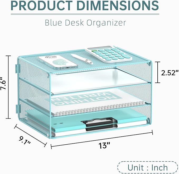 DALTACK 3 Tier Letter Tray Paper Organizer for Desk, Mesh Metal Desk File Organizer with Sliding Trays for Letter/A4 Paper, Mail, Bills & Folders, Light Blue
