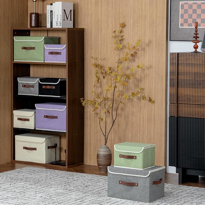 2PCS Storage Bins Box with Lids Decorative Cotton Linen Fabric Baskets Cubes with Handles PP Plastic Board Foldable Washable Lidded Clothing Shelf Closet Organizer Container (Beige, Large)