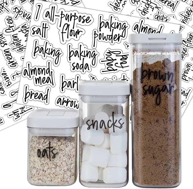 180 Pantry Labels, Prefdo Waterproof White Script Preprinted Food Names Label Stickers for Kitchen Organization Storage Containers, Jars & Canisters (Black)
