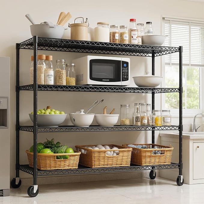4-Tier Heavy Duty Wire Garage Shelving with Wheels, 2200 LBS Capacity, 24" D x 56" W x 75" H, Adjustable Spray-Coated Iron Metal Storage Rack for Warehouse, Kitchen, Pantry, Utility Room - Black