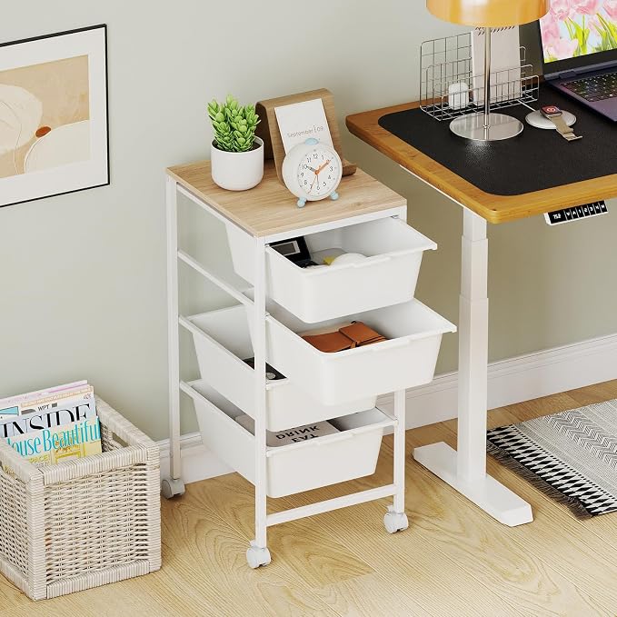 GOFLAME 4-Drawer Rolling Storage Cart, Craft Storage Cart with Wooden Tabletop and Lockable Wheels, Art Cart Supply Storage Organizer with Metal Frame for Home Office Classroom, White