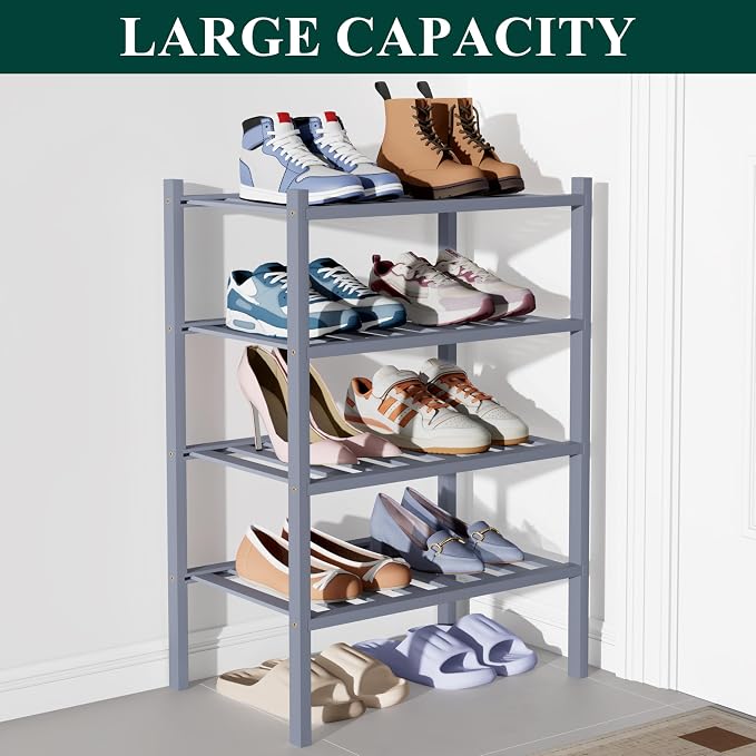 Smiry Bamboo Shoe Rack for Closet, 4 Tier Small Wooden Shoe Organizer, Stackable Wood Shoe Storage Shelf for Entryway, 14 Vertical Slats, 2+2 Stack Heavy-Duty Legs, 17.32"x11.02"x25.98", Grey