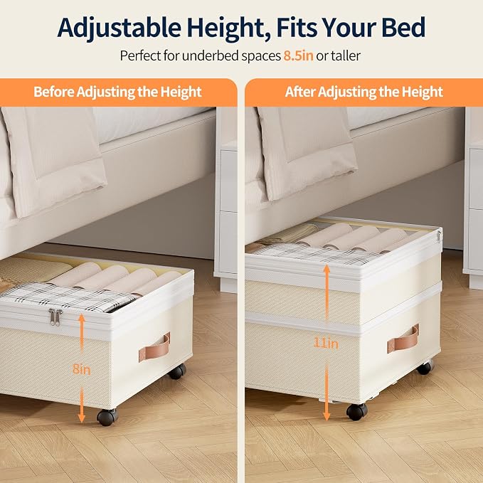 Yecaye Under Bed Storage with Wheels, 8 in-11 in Height Adjustable Under Bed Storage Containers, 90 L Under Bed Shoe Storage with Lids & Label, Rolling Underbed Storage bins for Clothes, Beige