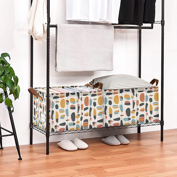 Geometric Mid Century Modern Storage Bins for Shelves with Labels&Handles Fabric Organizer Bin Foldable Rectangle Storage Basket Boxes for Closet, Bathroom, Home, Living Room, 2 Pack