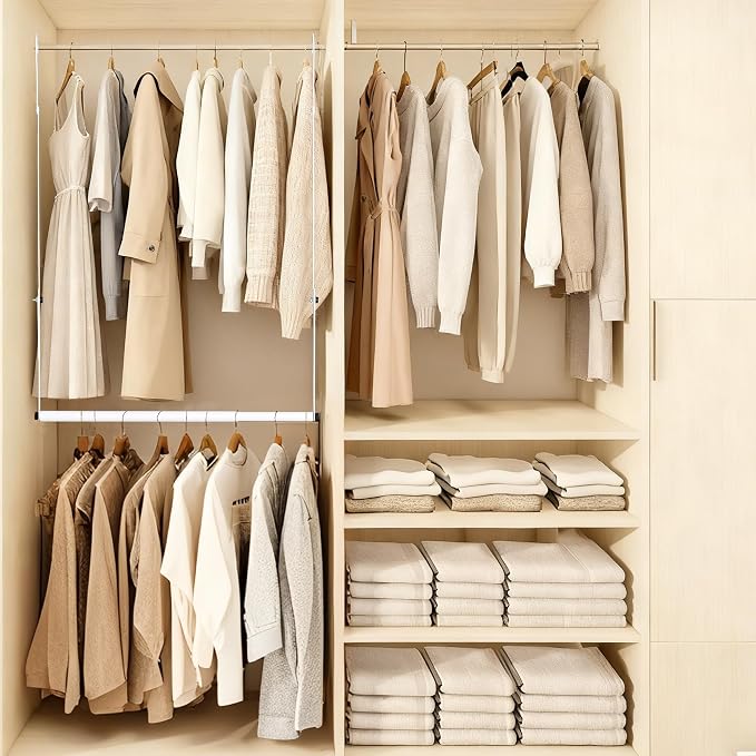 Hanging Closet Rod, Hanging Clothes Organizer, Adjustable, 2 Pack | Metal, White, Heavy Duty, Space-Saving, Double