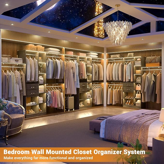 Armocity 8FT Heavy Duty Wood Closet System, 1500 LBS+ Capacity Wall Mounted Walk-in Closet Organizer with 2 Drawers & 4 Hanging Rods, 96'' Custom Bedroom Storage Wardrobe, Oak