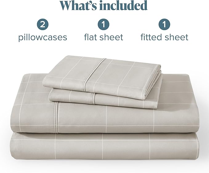 Bare Home Queen Sheet Set - Luxury 1800 Ultra-Soft Microfiber Bed Sheets - Double Brushed - Deep Pockets - Easy Fit - 4 Piece Set - Bedding Sheets & Pillowcases (Queen, Grid - Stone/White)