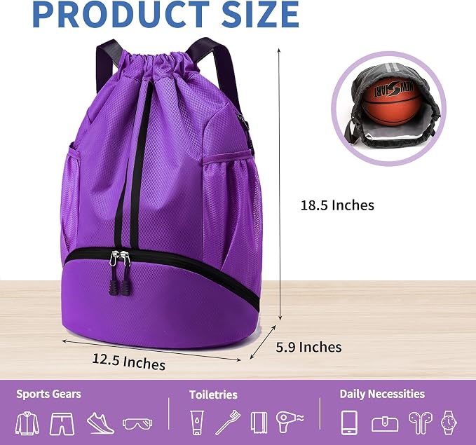 JELUTAR Drawstring Backpack Gym Bag with Shoes Compartment for Soccer, Basketball, Swim, Water-Resistant String Backpack Beach Cinch for Women Men, Purple