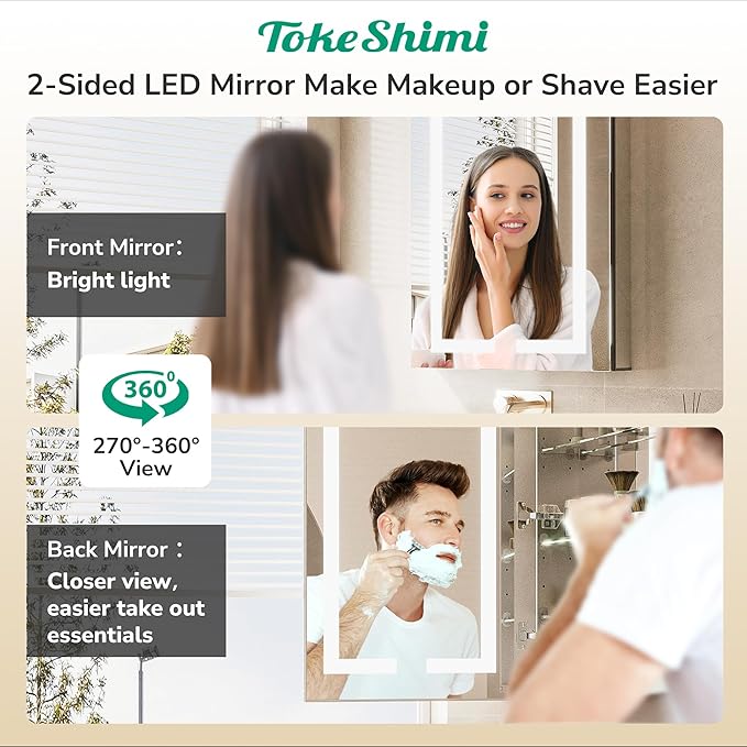 TokeShimi 40x32 Led Medicine Cabinet Mirror for Bathroom with Outlet, Medicine Cabinet with Lights 3 Colors Dimmable and Defogger, Surface or Recessed Mount Mirror with Storage Modern Bathroom