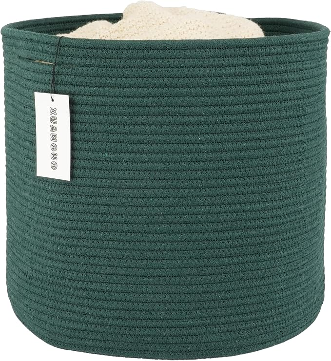 XUANGUO Cotton Rope Woven Basket, 16x14 in Kids Laundry Basket, dark green | Round blanket basket and small laundry basket; baby hamper or nursery storage bin for girls, boys, toys, clothes and shoes