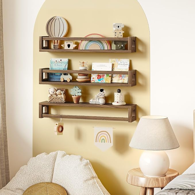 Upgraded Thick Floating Shelves, 24 Inch Solid Wood Bookshelf for Wall, Floating Book Shelves Use as Wall Shelves for Bedroom, Living Room, Kitchen, Books, Spice Rack & Decor - Walnut Brown